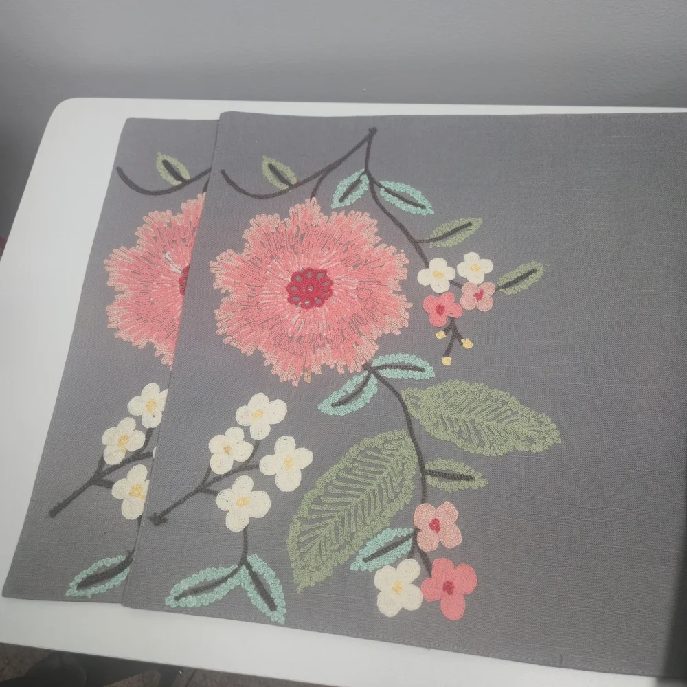 Floral Embroidered Gray Placemats Set Of 4